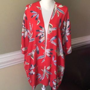 XL Red with feathers sheer cover-up kimono